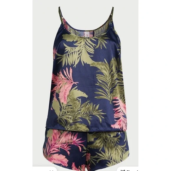 Joyspun Satin Scoopneck Palm Navy Green Pink Cami & Shorts Pajama Set Large - Picture 3 of 12